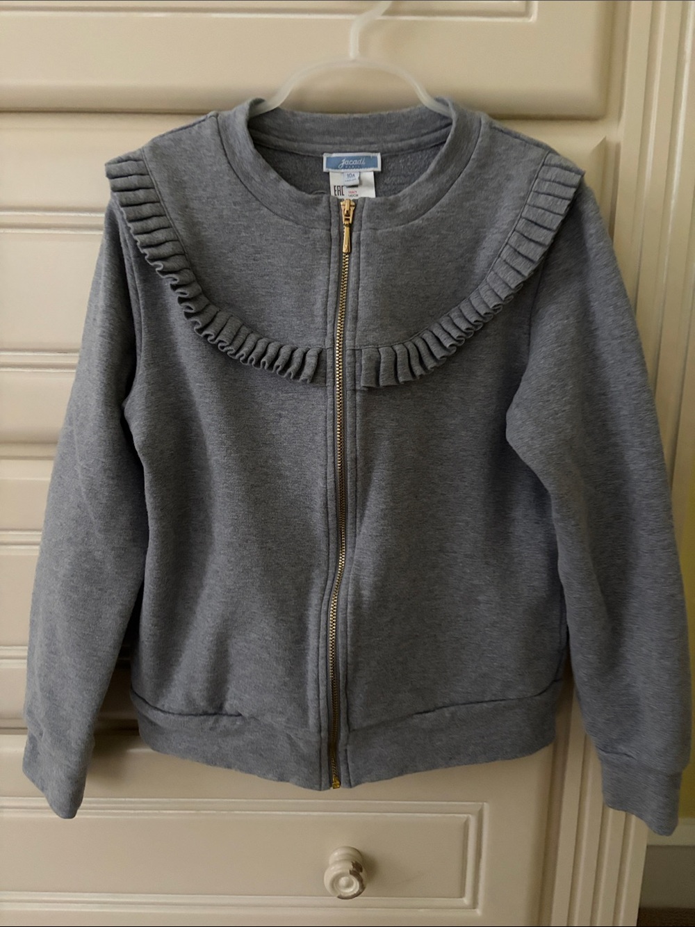 Jacadi Girls Gray Ruffle Zip Up with Gold Zipper